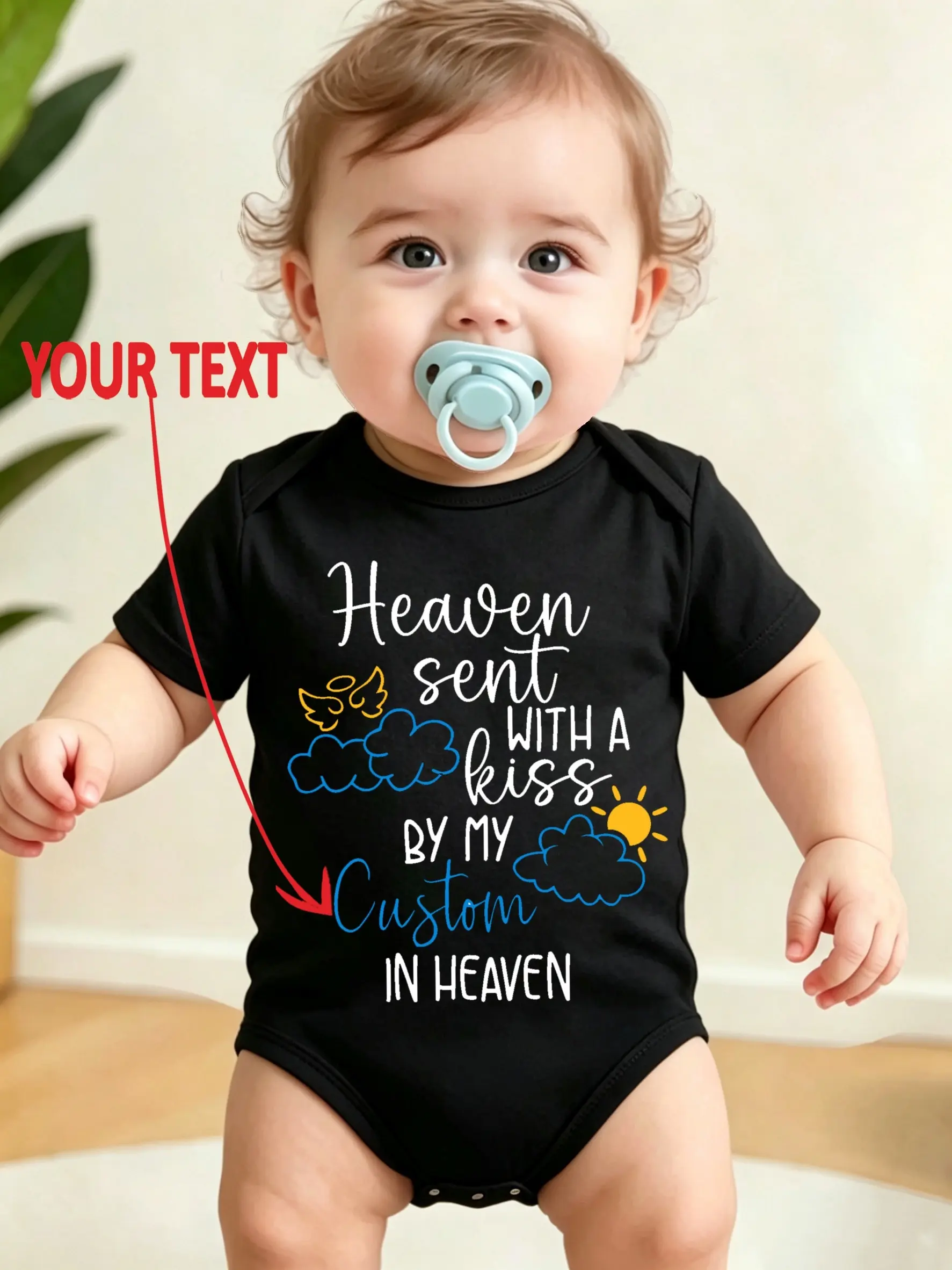 Custom Heaven‑Sent Quote Baby Bodysuit Angel Wing Cloud Sun Graphic Personalized Short‑Sleeve Infant Onesie 4 Available Shades