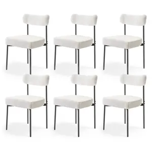 VEVOR Boucle Dining Chairs Set of 6, Mid Century Modern Sherpa Accent Chairs, Upholstered Side Chair for Dining Table, Space-Saving White Kitchen Table Chair with Curved Backrest and Black Metal Legs