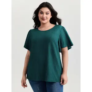 BLOOMCHIC Women's Plus Size Textured Flared Sleeve Round Neck Knit Top - Casual Fit Polyester Clothes with Arm Freedom Design, Smooth Knitwear for Easter, Shortleeve Option 2026 Summer Vibes Swimweek