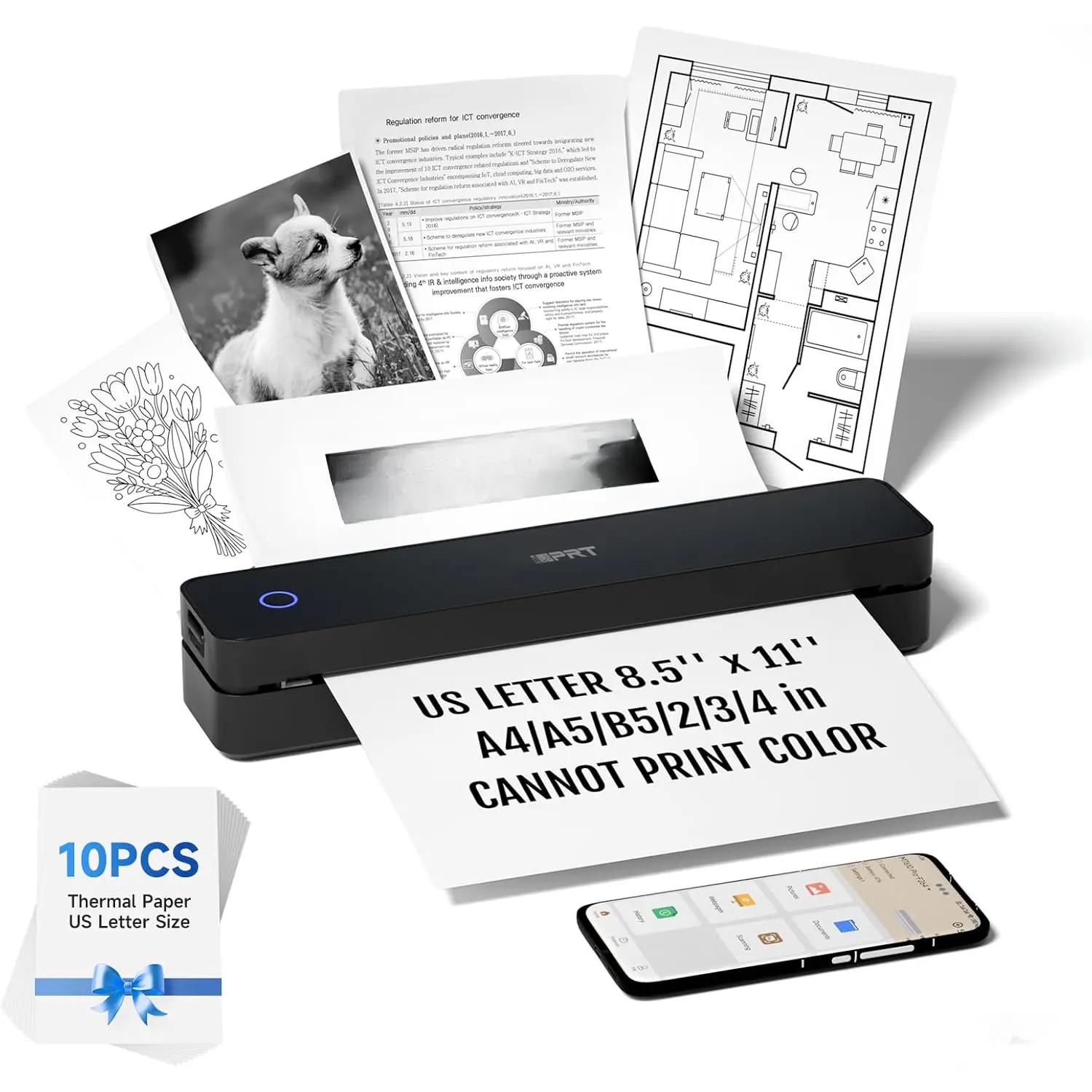 Portable Inkless Printing Machine - 8.5"x11" Letter Size, MT610 Pro, Compatible with iOS, Android, Laptops, for Office, Home, School Use