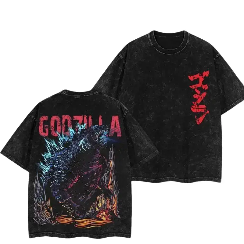 Men's Classic Godzilla Blue Neutron Kaiju Robot Mecha Retro Monsterverse Unisex Vintage Washed Double-Printed Heavyweight Cotton Oversized Tee Apparel, Short-Sleeve Top for Gym Workouts & Daily Wear, Father's Day Gift