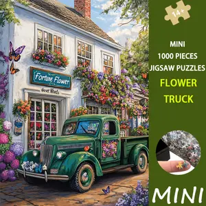 1000pcs Mini Jigsaw Puzzle - Vintage Flower Truck Art, Matte Paper, Rectangle Shape, Ideal for Adults & Family Game Night, Wall Decor (38x26cm), Family Game Night Activity | Vintage Truck Scene | Cardboard Constructio
