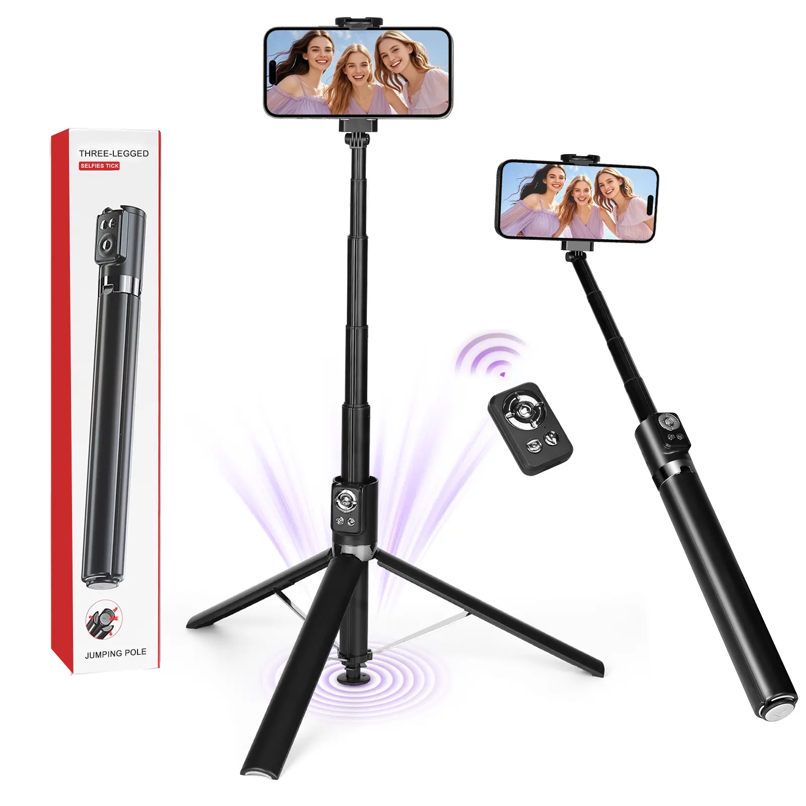70.8 in Adjustable Aluminium Mobile Selfie Stick Tripod with Auto-Open Auto-Tap Legs, 360° Rotation Stand, 1-Key Expand-Fold, Portable Tripod + Remote for Vlog Live Streaming, Compatible with iPhone & Android, Smartphone Camera Accessories, Built-In Bluet