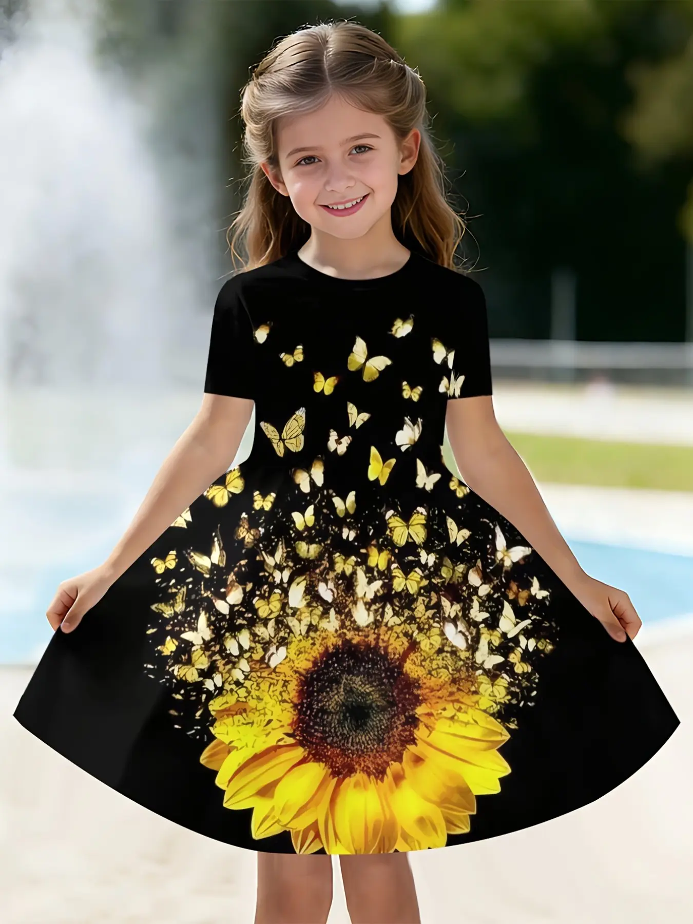 Gold Flower Print Dress, Autumn New Princess Cute Dress, Loose-Fitting Flowy Graphic Dress for Events and Performances, Dresses for Summer, Birthday Dress