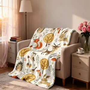 1 healing forest wind blanket trees mushrooms acorns + cute animals full-printed flannel blanket soft and comfortable suitable for sofa camping World Cup support and other occasions