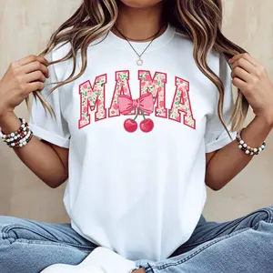 Floral Mama With Cherry Bow Print T Shirt White Casual Loose Fit Tee For Everyday Wear And Light Activities