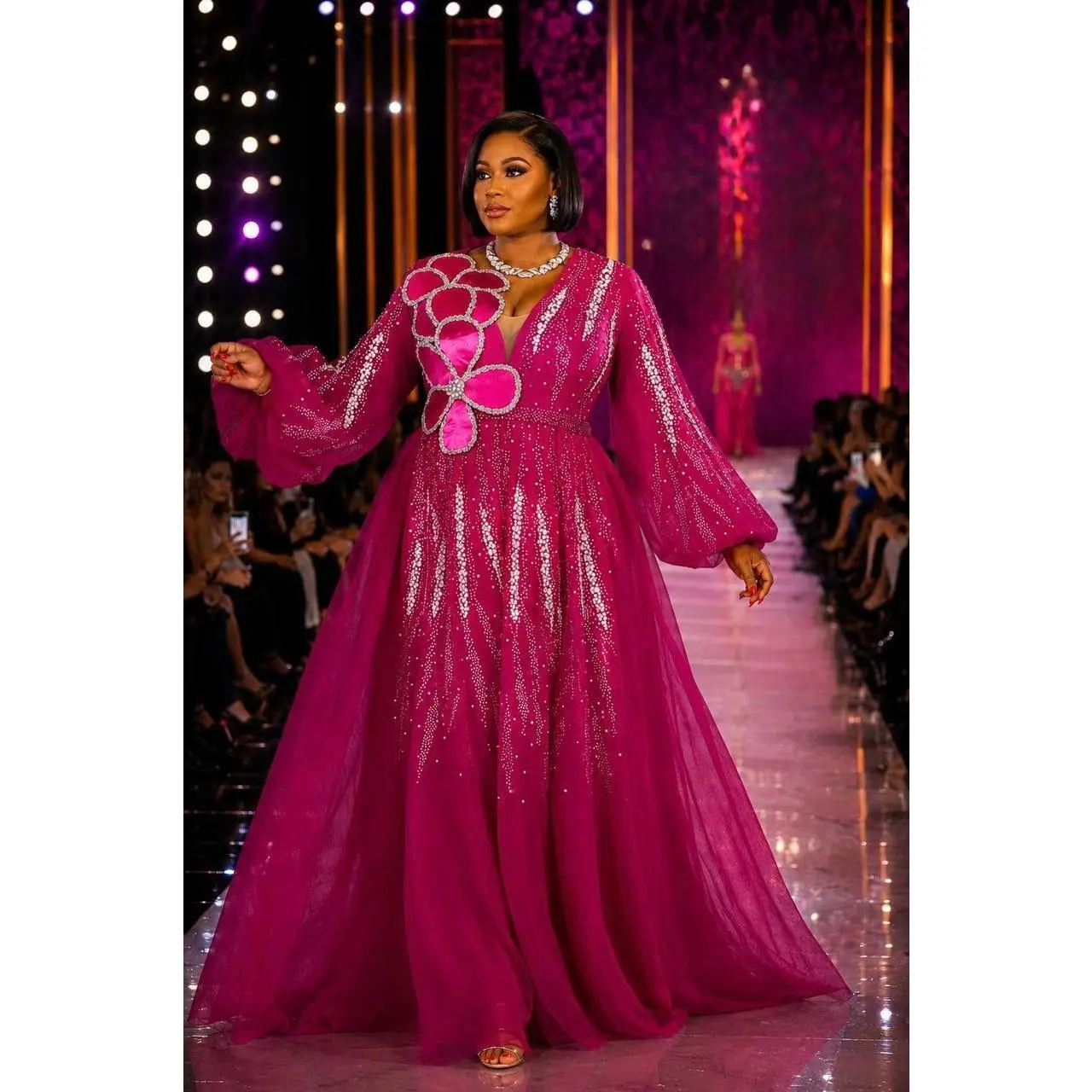 Glamorous Pink Embellished Pleated Twirl A-Line Gown for Mother of The Bride Photoshoot Birthday Wedding Guest Formal Evening Dress
