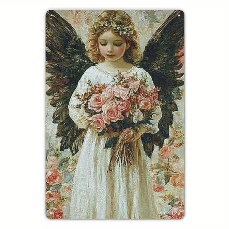 8x12in Antique Floral Metal Tin Sign - Dark-Winged Little Angel Girl with Pink Flowers, Casual Christian Religious Distressed Wall Plaque, Home Supplies Wall Art for Cottage Core Bedroom Waterproof Hanging Decor, Angel Wall Decor Home Signs