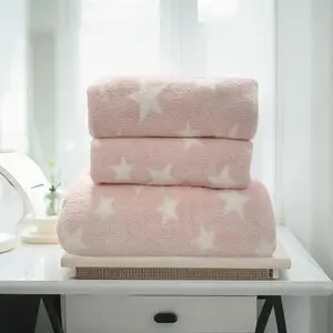 USTIDE Pink Bathroom Towels Set Stars Pattern Bath Towel Sets Soft and Absorbent Coral Fleece Towel Luxury Fluffy Hands Towel for Bathroom Shower Washroom