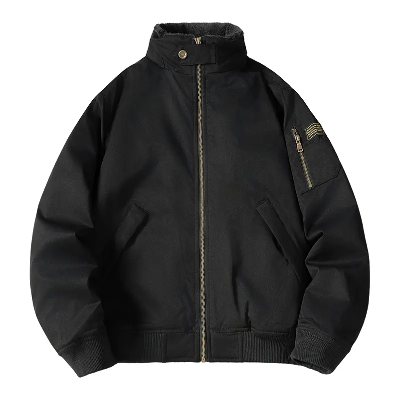 Heavyweight Plain Menswear Jacket with Fleece Lining, Biker Style Outerwear with Stand Collar, Casual Loose-Fit Workwear, Coats, Long Sleeve, Baggy, Stylish