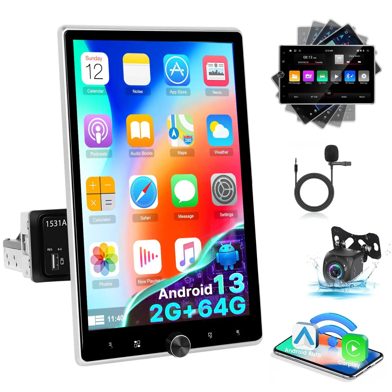 10.4-Inch Rotating Touch Screen Single Din Android Car Stereo with Wireless CarPlay, Android Auto, EQ, WiFi, GPS, FM RDS, Mirror Link, AHD Backup Camera, Multilingual Support (Russian, Spanish, Korean, Italian)