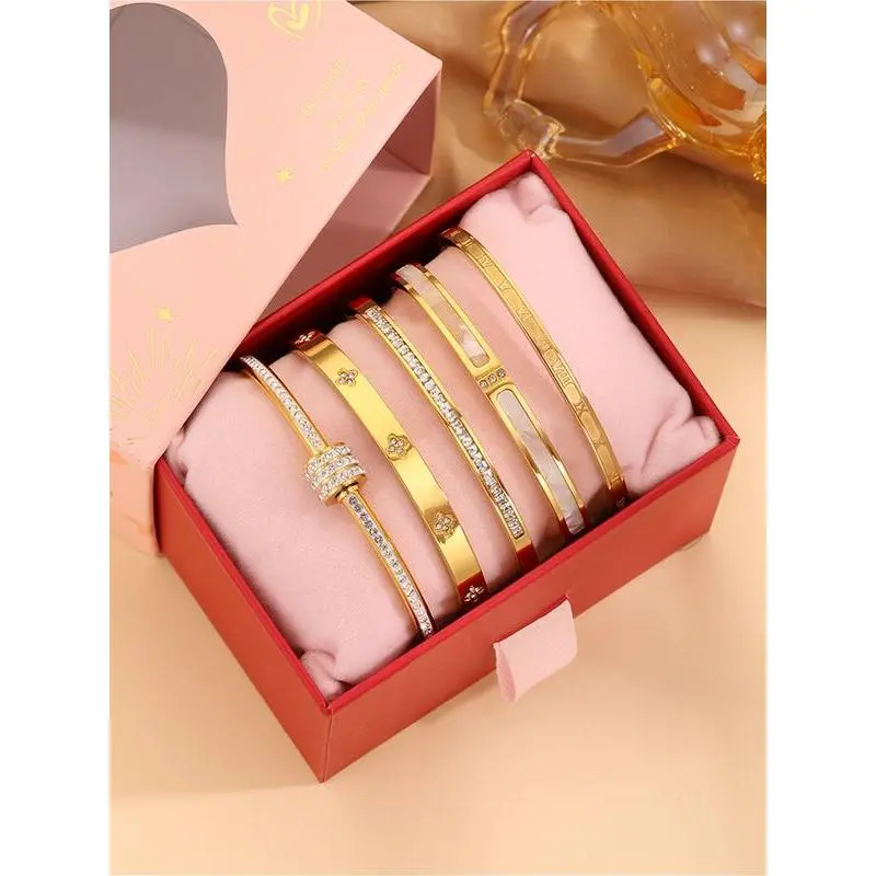5-piece set of classic luxury 304 stainless steel bracelets paired with exquisite gift boxes, suitable for both men and women, perfect for daily use, vacation, and birthday gifts 5-piece set of classic luxury 304 stainless steel bracelets paired with exquisite gift boxes, suitable for both men and women, perfect for daily use, vacation, and birthday gifts