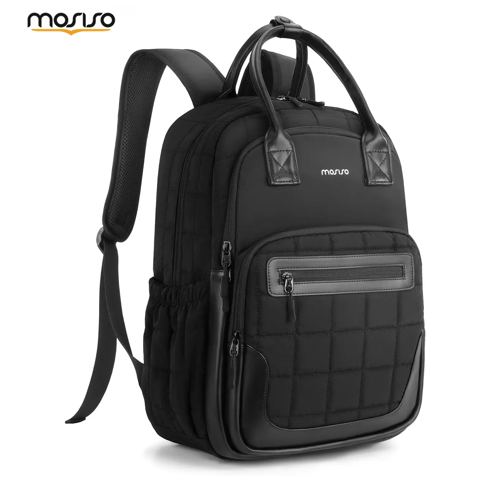 MOSISO 15.6 Inch Laptop Backpack for Women, Quilted Travel Backpack with Laptop Compartment, Lightweight Work College Backpack for Commuting, Business Travel & Daily Use, Black