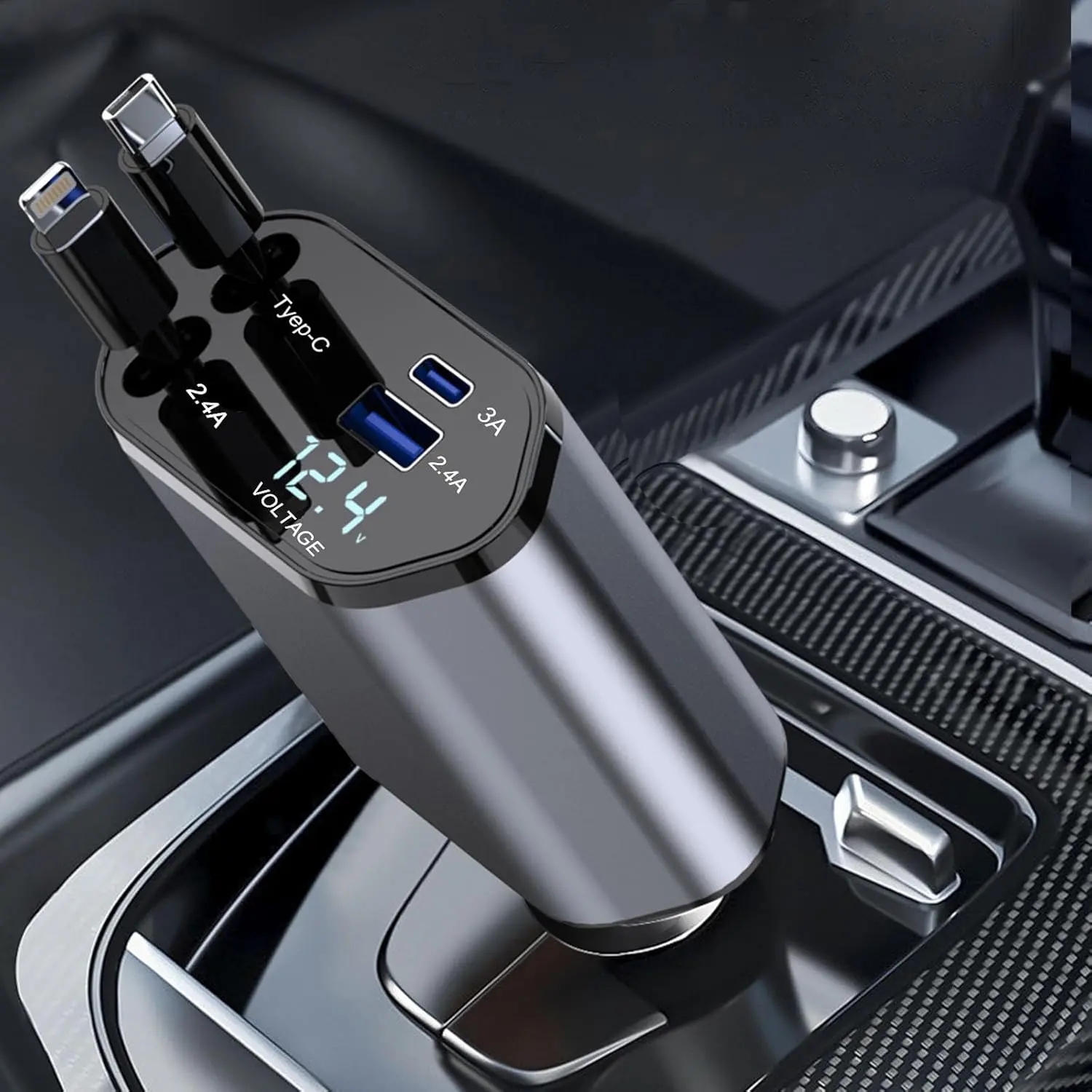 Retractable Car Multi-Phone Charger Adapter, 4-in-1 Fast Charging Cable Organizer for iPhone 17 Pro and Android