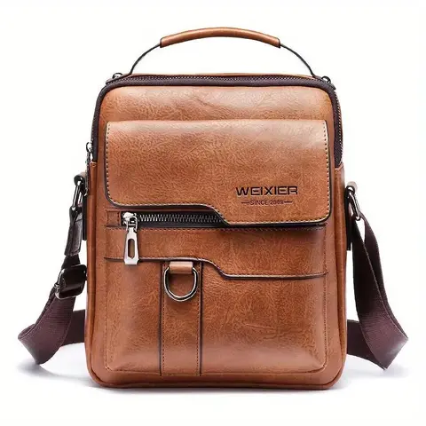 WEIXIER Men's Basic Plain Scratchproof PU Leather Crossbody Bag - Multifunction Messenger Bag with Retro Fashion, Sleek Look, Multiple Compartments, Adjustable Wide Strap, Chain for Daily Commuting