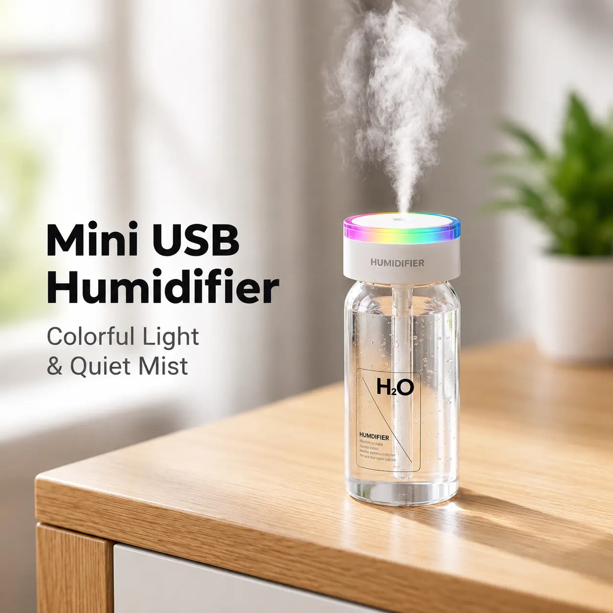 Mini Humidifier, USB Powered Cool Mist Humidifier with Colorful Light and 2 Mist Modes for Bedroom, Office and Bedside