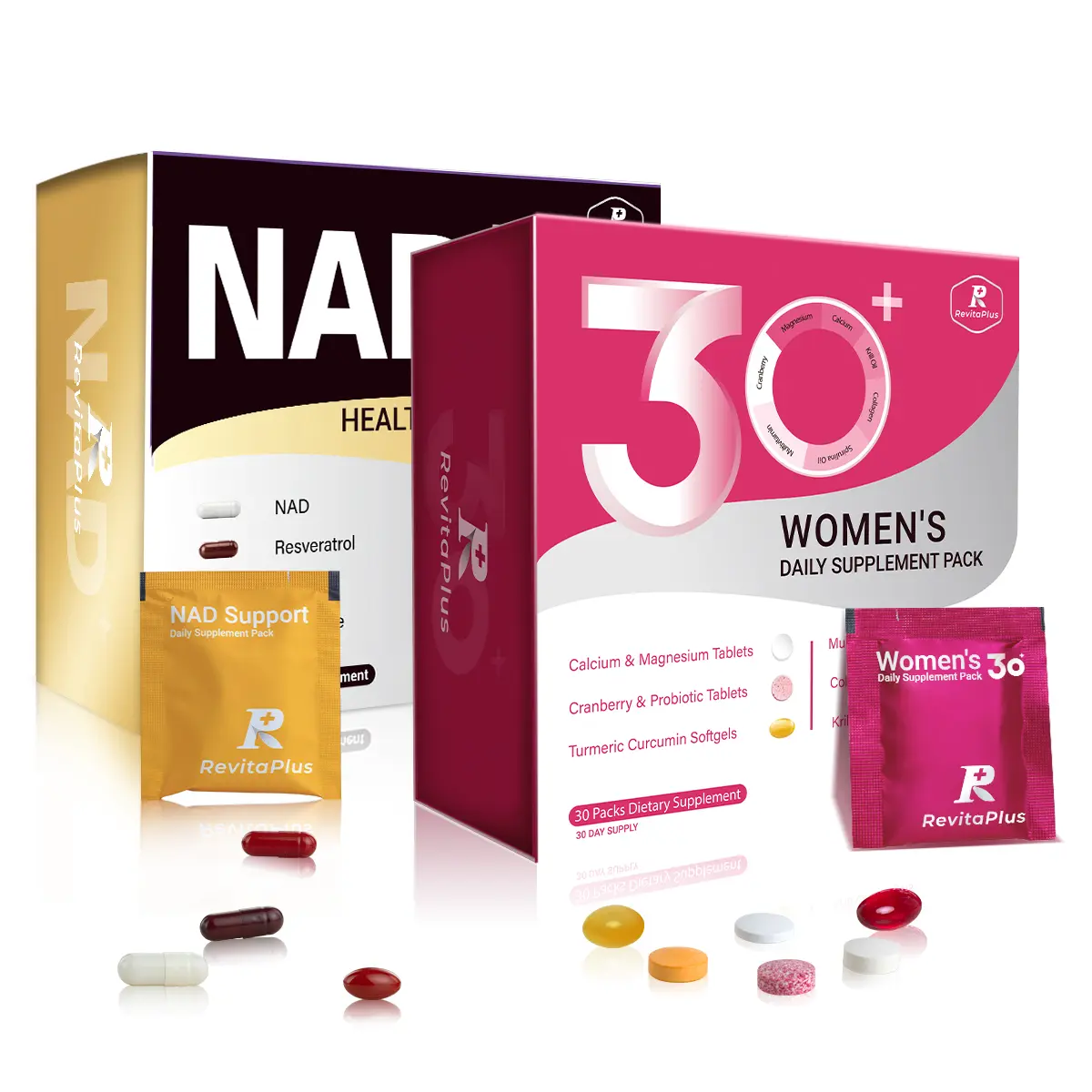 RevitaPlus Healthy Aging Bundle: NAD + Energy Support 30 Packs & Women’s Beauty Pack for Skin & Wellness 30 Packs
