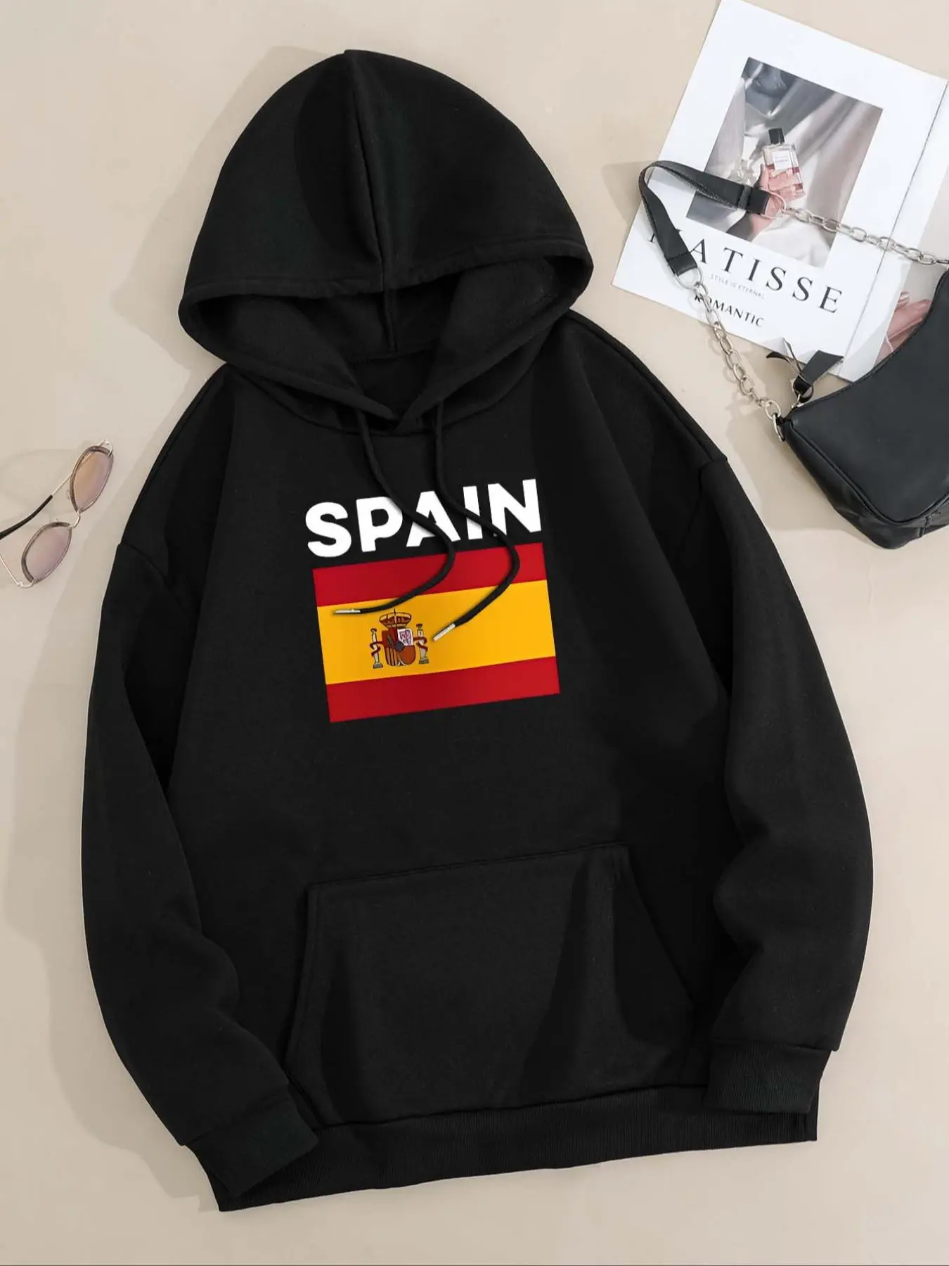 Women's Spain Flag Print Drawstring Pocket Hoodie, Casual Long Sleeve Hooded Sweatshirt for Fall & Winter, Women's Clothes for Daily Wear