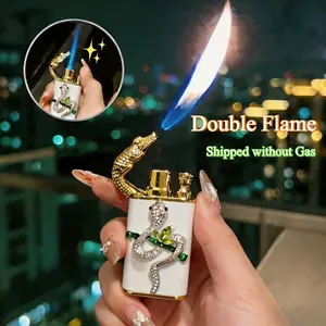 Silver Snake Dual Flame Lighter(Without Gas), 3D Serpent Refillable Butane Lighter, Switchable Jet & Soft Flame Gas Lighter, Aesthetic Bling Gift for Women Men