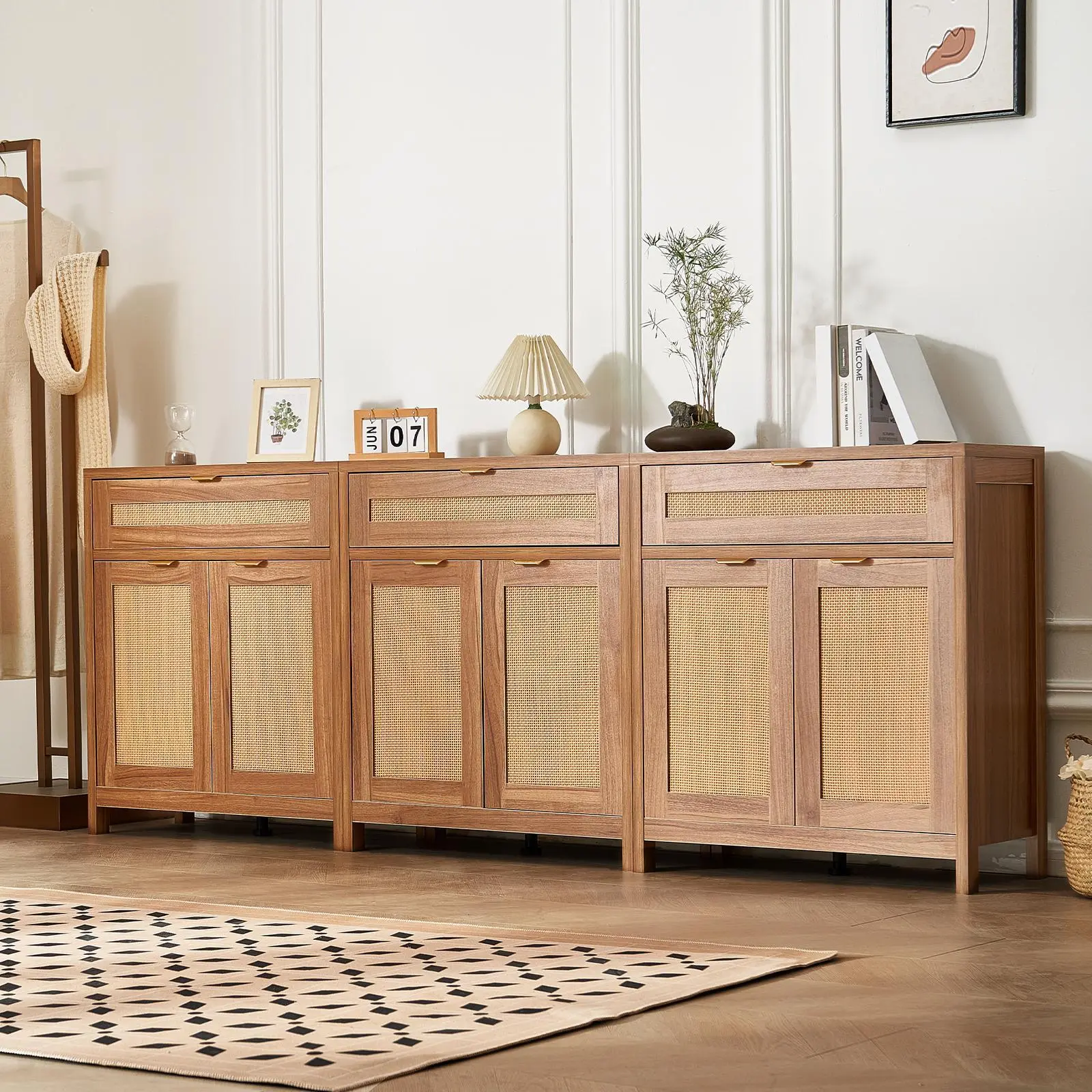 【SummerFinds】VEVOR Rattan Cabinet,  , Set of 3, Rattan Storage Cabinet with 6 Magnetic Doors and 3 Drawers, Sideboard Buffet Cabinet with Adjustable Shelves, Ideal for Hallway, Entryway, Living Room, or Kitchen, Natural