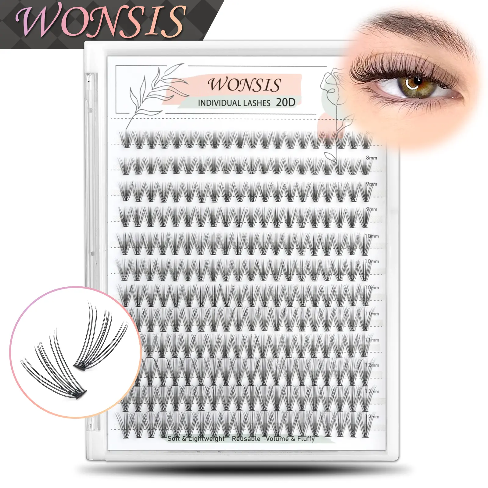 WONSIS  Lash Clusters, Individual Lashes, 240 Pcs 20D Individual Lash Extensions, Volume Soft Lightweight Reusable DIY Eyelash Extensions, Thickness 0.07mm C Curl False Eyelashes 8/9/10/11/12mm