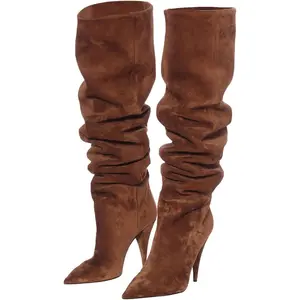 Brown suede boots for women High heel Pointed Toe Pleated knee high boot Slouchy Ruched wide calf Pull on Burgundy over the knee boots