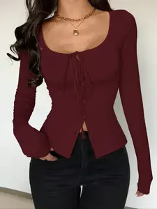 Women's Sexy Solid Color Knitted Elastic Back Tie Decor Long Sleeve Tight Fit Fitted T-Shirt, Versatile Casual Daily Wear Top for Women, Knitwear