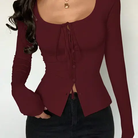 【Black Friday】Women's Sexy Solid Color Knitted Elastic Back Tie Decor Round Neck Long Sleeve Fitted T-Shirt, Versatile Casual Daily Wear Top