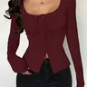 【Black Friday】Women's Sexy Solid Color Knitted Elastic Back Tie Decor Round Neck Long Sleeve Fitted T-Shirt, Versatile Casual Daily Wear Top