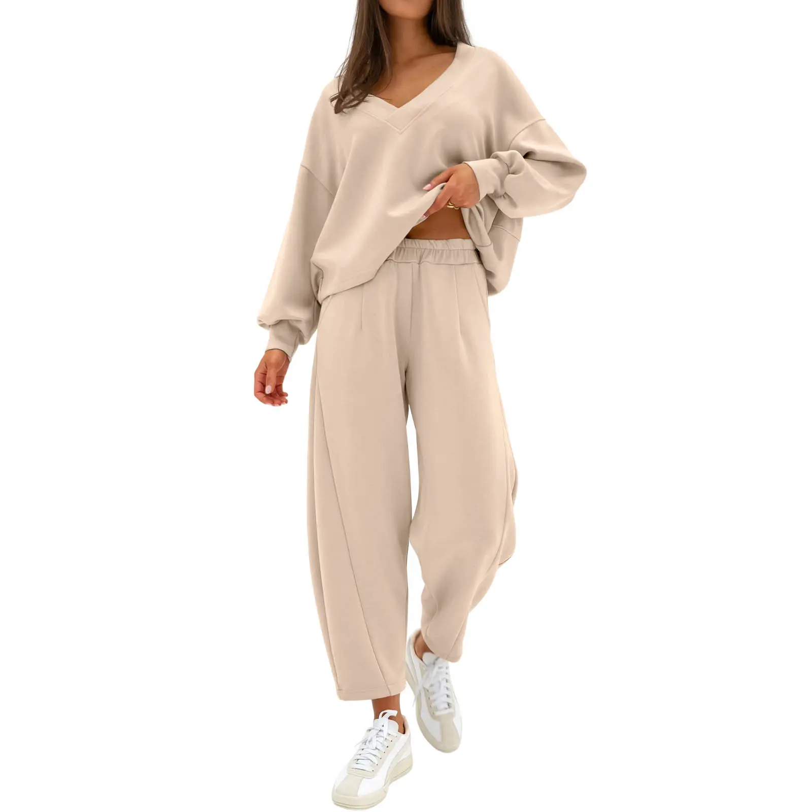 Aleumdr Womens 2PCS Sweatsuit Outfit V Neck Stitched Sweat Set Sweatshirt with Elastic Pants Jogger Tracksuits