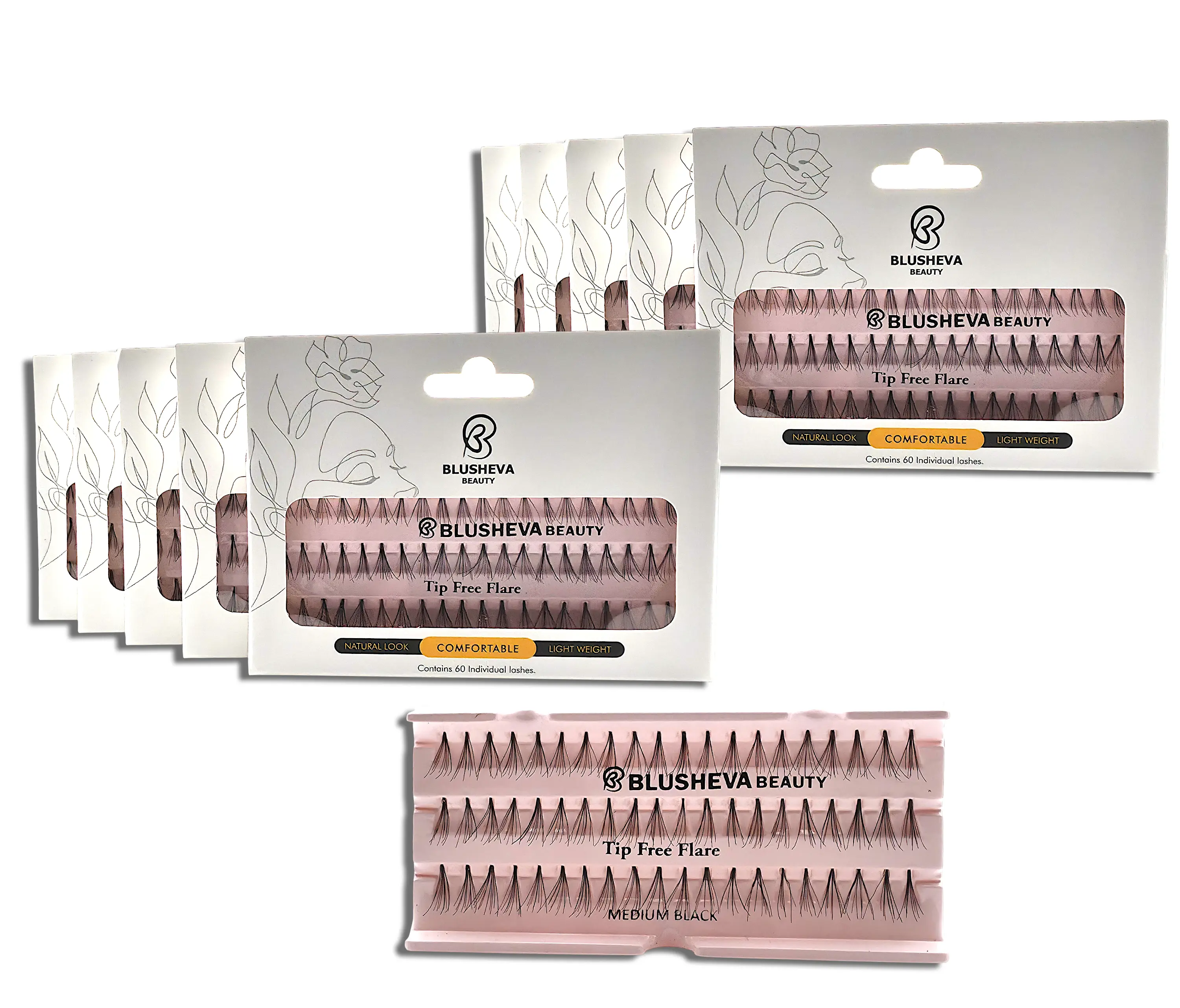 Blusheva Beauty Individual Cluster False Eyelashes 10 Pack Professional Salon Lash Extensions Sterilized Real Human Hair Tip Free Flare Design