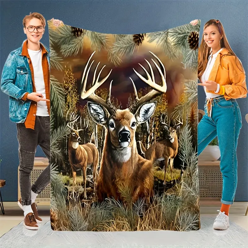 Traditional Wrinkle-Resistant Durable Flannel Blanket - Elegant Forest Print Deer Herd Design, Snug as a Bug in a Rug Comfy Blankets, Soft Warm Family Gift, Machine Washable, Ideal for Cozy Corner Sofa, Bed