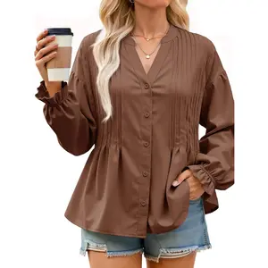 Imily Bela Womens Pleated Button Down Shirts V Neck Puff Long Sleeve Peplum Tops Dressy Casual Loose Fit Cute Blouse
