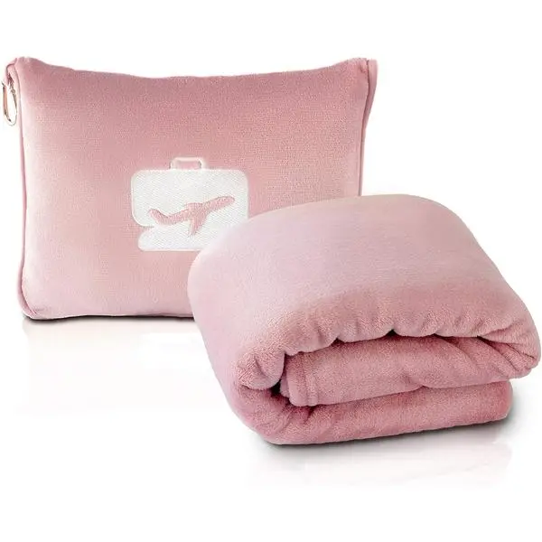 EverSnug 2-in-1 Travel Blanket and Pillow, Soft Micro Plush All Seasons Travel Gear for Airplanes, Carry-on Fit with Luggage Sleeve, Large Size - Light Pink, 65X40 In