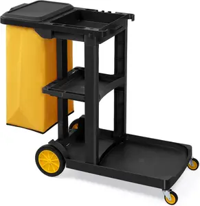Commercial Traditional Cleaning 3-Shelf Janitorial Cart, 500 Lbs Capacity Housekeeping Cart, Wheeled with Yellow VinylBag and Cover w Lid