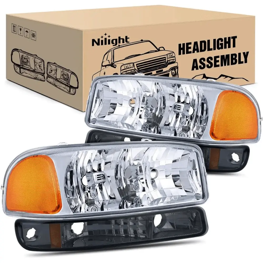 1999 2000 2001 2002 2003 2004 2005 2006 GMC Sierra Yukon Headlight Assembly Chrome Case Amber Reflector Smoke Lens