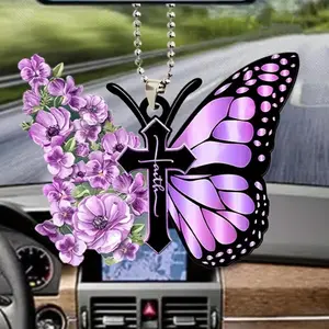 Butterfly & Cross Design Car Hanging Ornament, Car Rearview Mirror Pendant, Car Interior Decoration Accessories, Car Interior Accessory