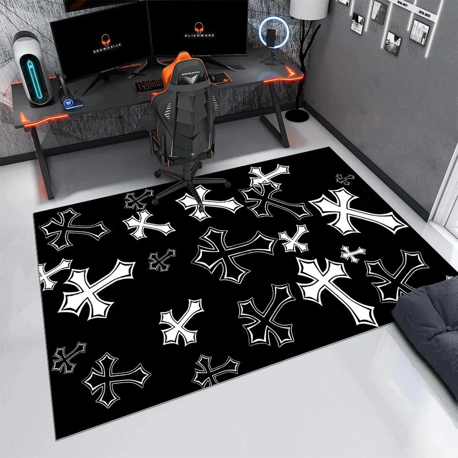 Gothic Cross Pattern Area Rug - Chrome Hearts Inspired Hypebeast Carpet, Symmetrical Black and White Man Cave Decor Rug