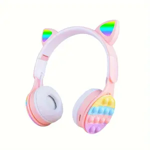 Rainbow Pop-On-It Wireless Cat Ear Headphones with LED, Foldable TWS Light-Up Cat Ear Stereo Headphones Wireless Headphones Gaming Headphones
