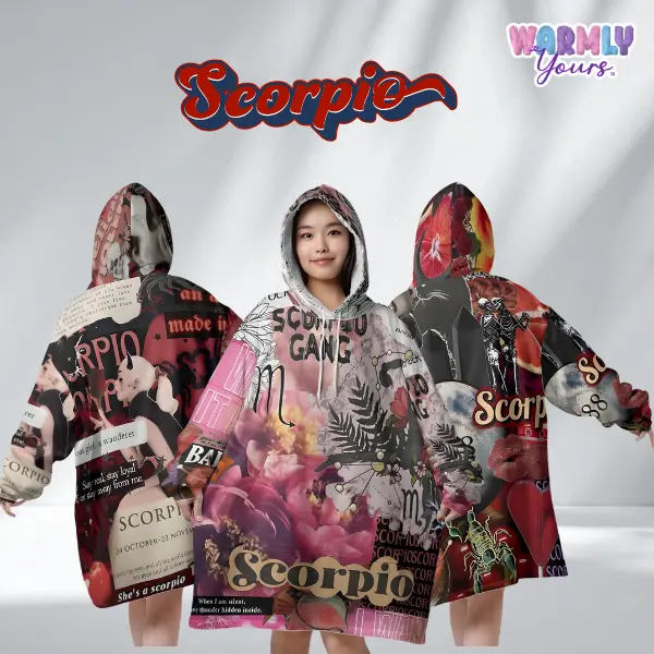 Scorpio Season Snuggle – Zodiac Oversized Sherpa Collage Wearable Hoodie Blanket for Women, Men, Teens & Kids | Astrology Gift, Scorpio Horoscope, Cozy wrap Hoodie Sweatshirt sweater, Loungewear, Birthday Gift, Plus size sleepwear blankets, christmas gift