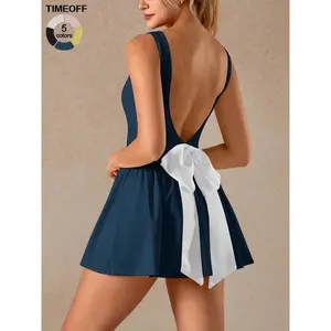 soft nude skin friendly fabric bow sports suspender dress with built-in shorts  simple deep V-back design suspender skirt pants  fashionable summer suspender one-piece sports skirt