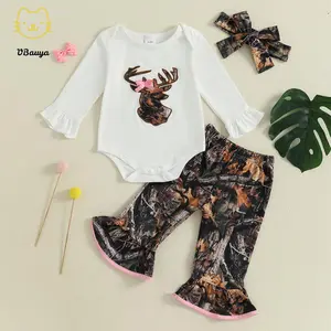 Baby Girl Fall Clothes Reindeer Head Embroidery Long Sleeve Romper Print Flare Pants and Headband 3Pcs Outfit