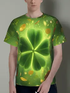 Men's 3D Printed T-Shirt Lucky Four-Leaf Clover Golden Coins & Banknotes Gradient Green Design Short Sleeve Casual Tee for St. Patrick's Day Party, Luck & Wealth Celebration - Polyester S-3XL