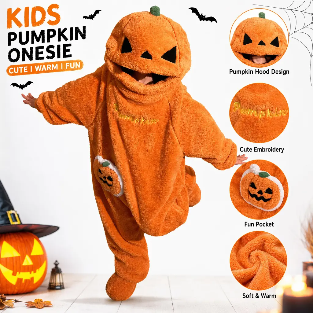 Kids' Soft Plush Fleece Pumpkin Onesie, Cute Cartoon 1-Piece Sleepwear Jumpsuit, Warm Cozy Fall Winter Home Loungewear Outfit