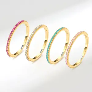 Sterling Silver Colored CZ Stones Stackable Ring 1.5MM Thin Cubic Zirconia Band Eternity Rings for Her