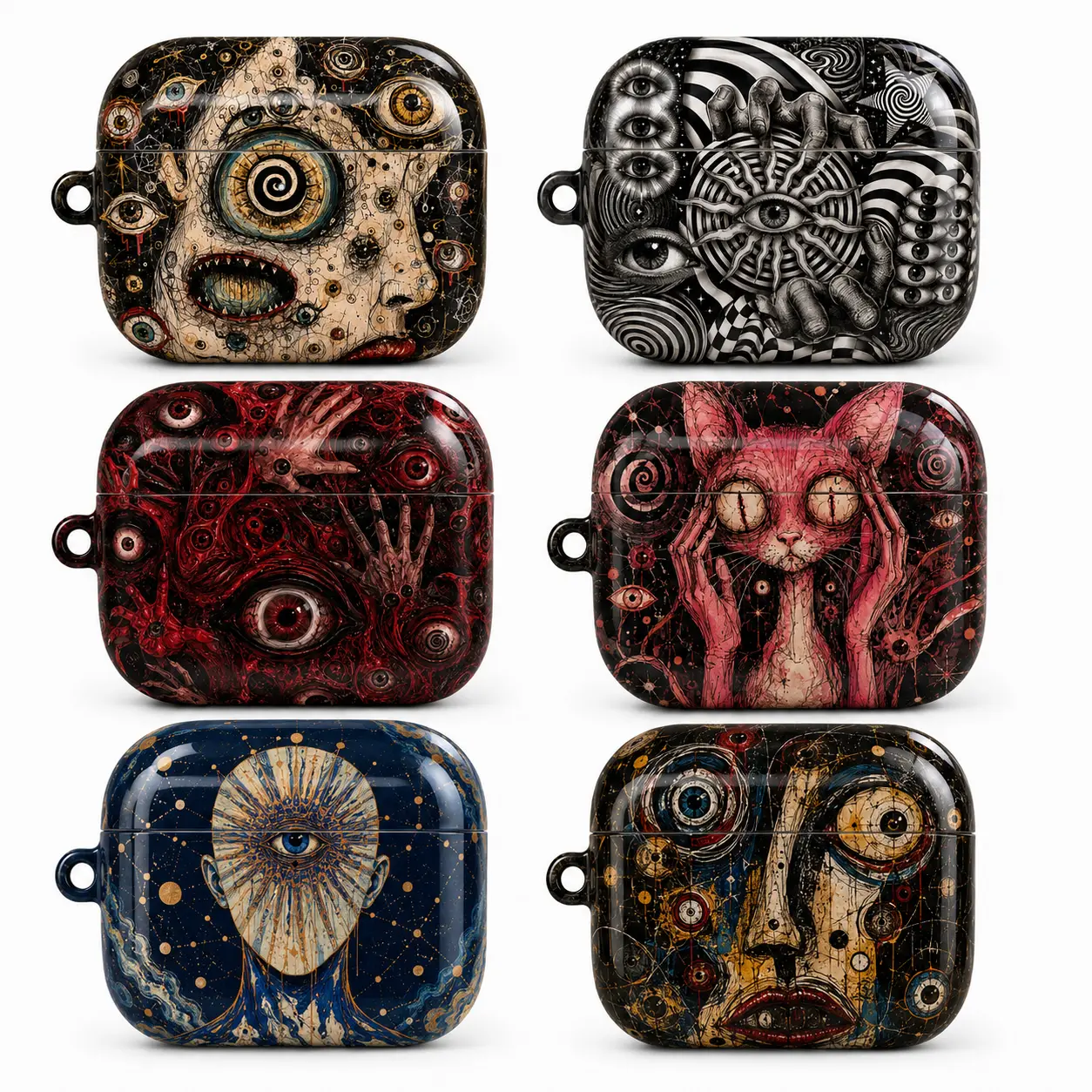 Glossy Gothic Surreal Eye AirPods Case Cover With Keychain, Dark Horror Art Hard Shell Protective Earbud Charging Case Sleeve for AirPods 2 3 4 Pro Pro 2 Pro 3, Creepy Abstract Halloween Accessory Gift, Scratch Resistant Cover