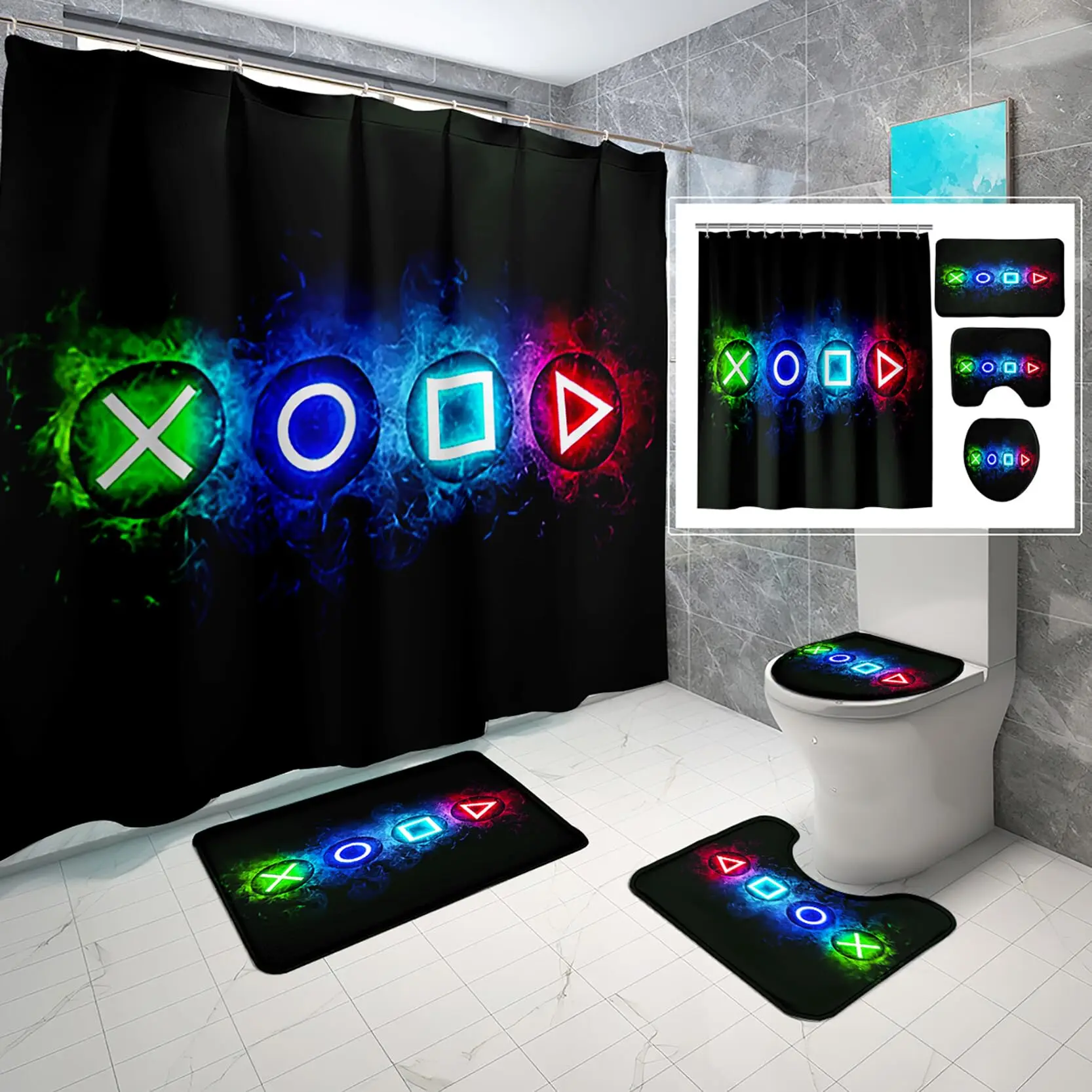 4 Pcs Gaming Shower Curtain Set for Bathroom, Boys Gamer Bath Curtain for Kids Teens, Gamepad Controller Curtains with Rugs Bathroom Decor, Video Games Curtain Fabric with Hooks