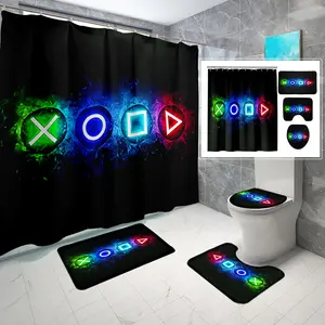 4 Pcs Gaming Shower Curtain Set for Bathroom, Boys Gamer Bath Curtain for Kids Teens, Gamepad Controller Curtains with Rugs Bathroom Decor, Video Games Curtain Fabric with Hooks