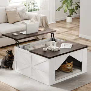Farmhouse Lift Top Coffee Table with Big Cat House, White Wood Square Coffee Table with Storage