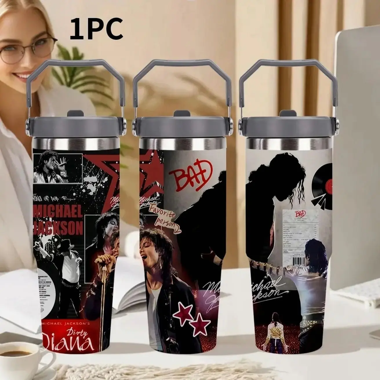 1pc Michael Jackson 30oz Stainless Steel Insulated Water Bottle, Portable Travel Tumbler, Flip Lid & Handle, Vacuum Thermal Cup, Fan Merch Gift